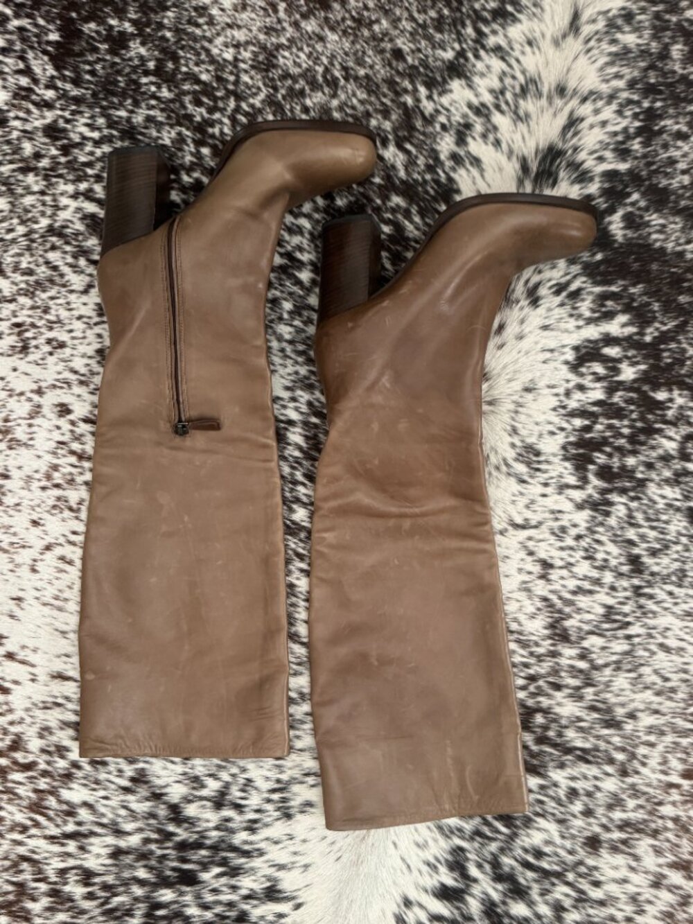 Prada Taupe Leather Knee-High Block Heel Boots Sz 37